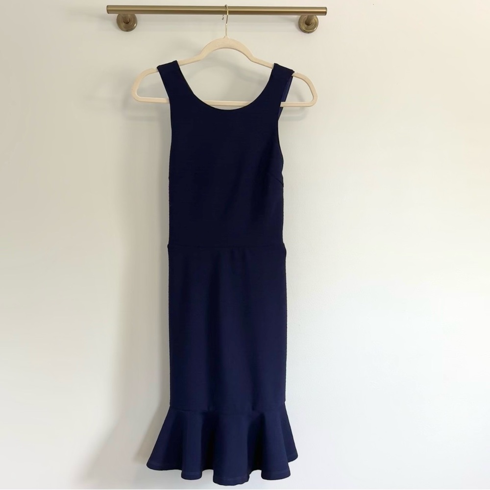 She + Sky Navy Blue Bodycon Ruffle Flare Cross-Back Dress